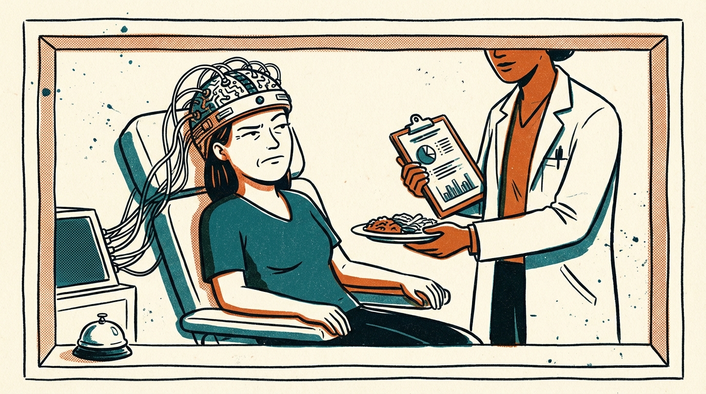 戴著腦波頭帶吃東西的人，旁邊科學家在記錄