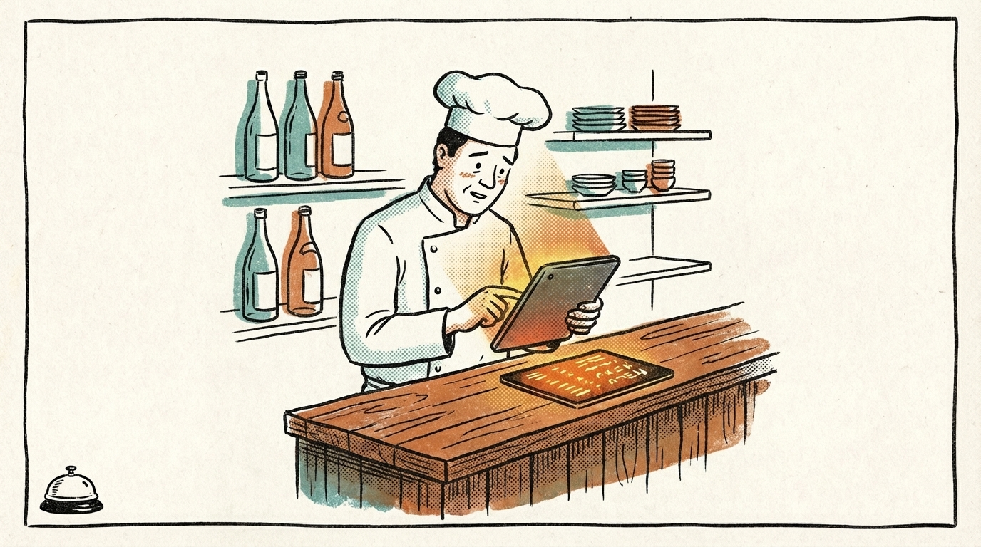 居酒屋廚師看著平板上的菜單文案