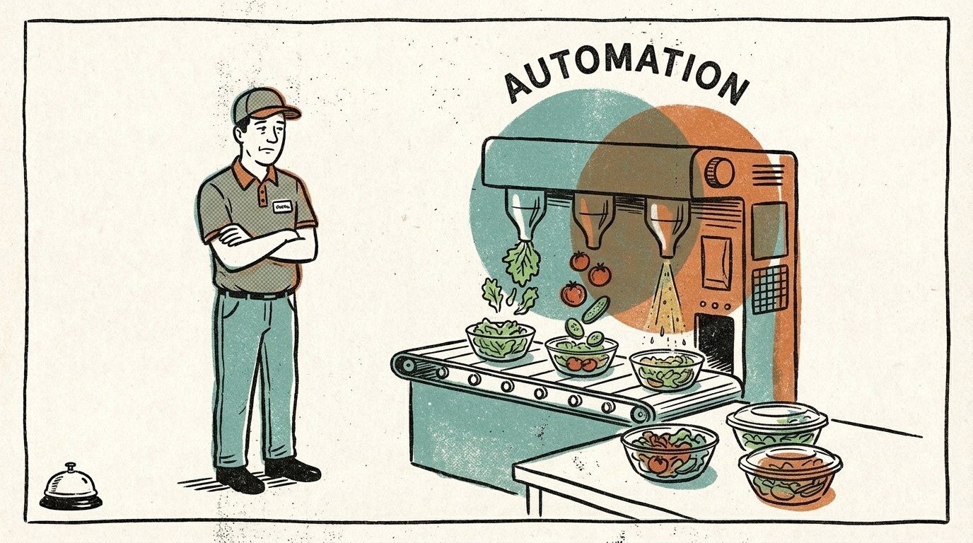 員工站在自動化沙拉產線旁，雙手交叉看著機器工作
